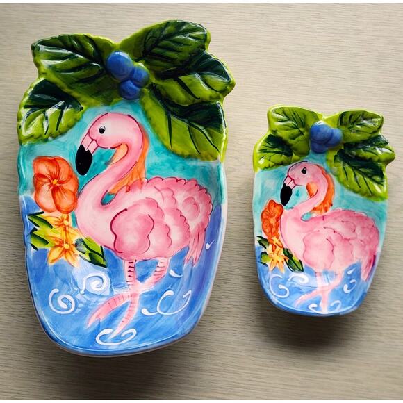 DISHES-HAUSENWARE-Trinket-Serving-Flamingo-Pink-Tropical-Embossed-SET OF 2 - Picture 2 of 15